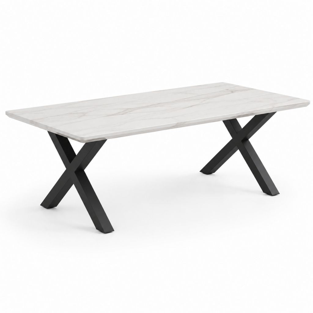 Table à manger rectangulaire blanche effet marbre avec pieds en acier noir 180 x 90 x 75 cm
