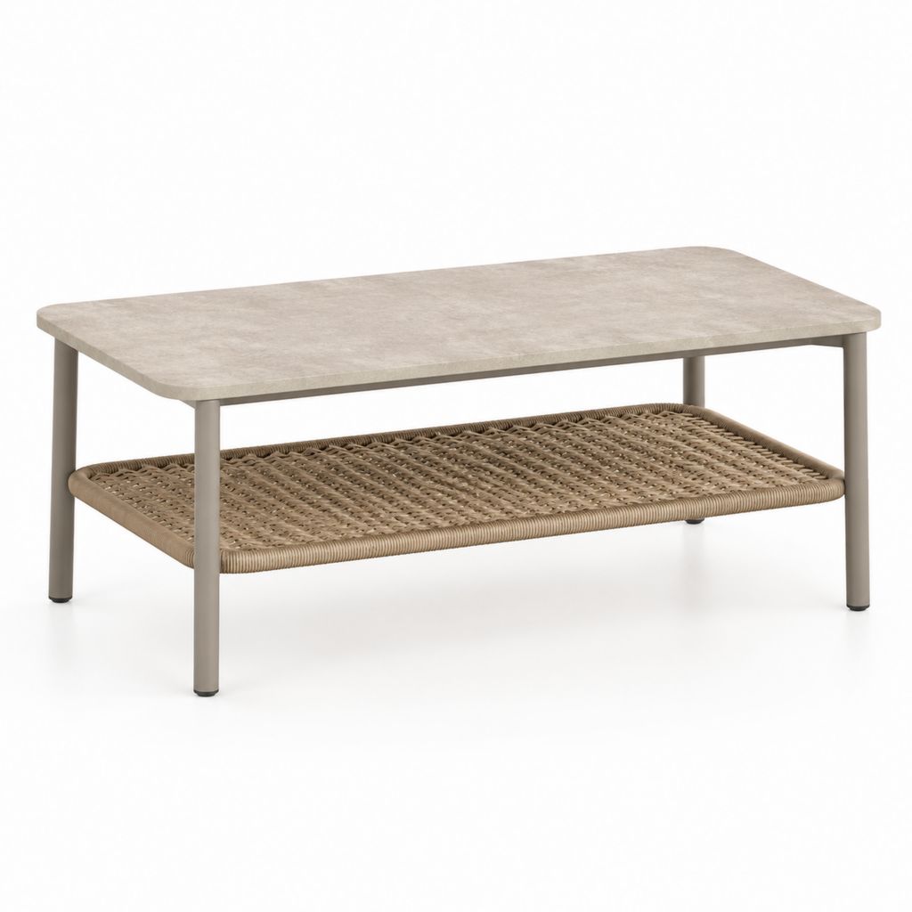 Table basse rectangulaire beige en panneau MDF acier et résine tressée 100 x 60 x 45 cm