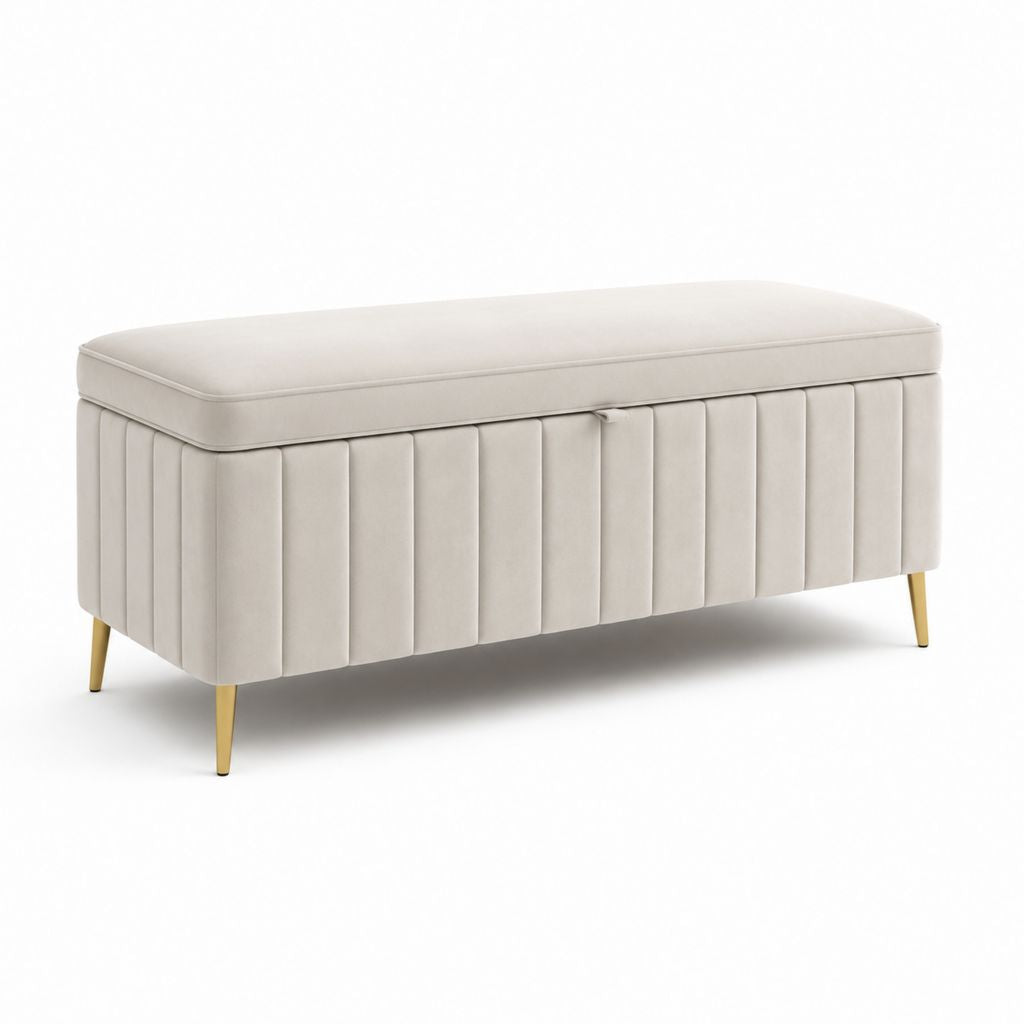 Banc coffre de bout de lit beige en velours de polyester rectangulaire 100 x 40 x 45 cm