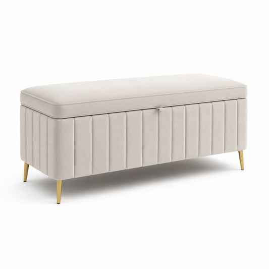 Banc coffre de bout de lit beige en velours de polyester rectangulaire 100 x 40 x 45 cm