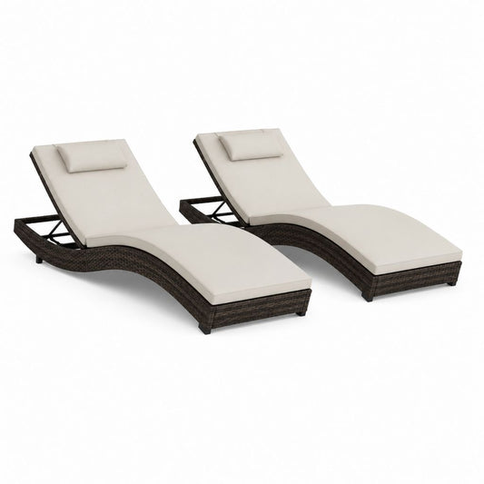 Lot de 2 bains de soleil inclinables marron en résine tressée avec coussins crème forme ondulée 200 x 65 x 70 cm