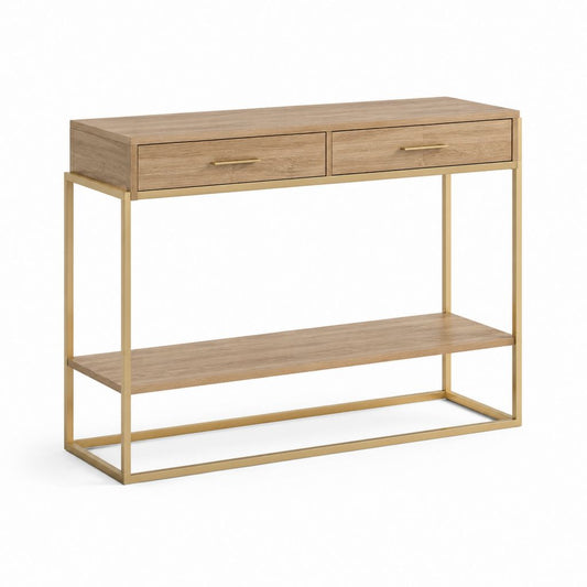 Console d'entrée 2 tiroirs chêne clair et acier doré 120 x 40 x 90 cm