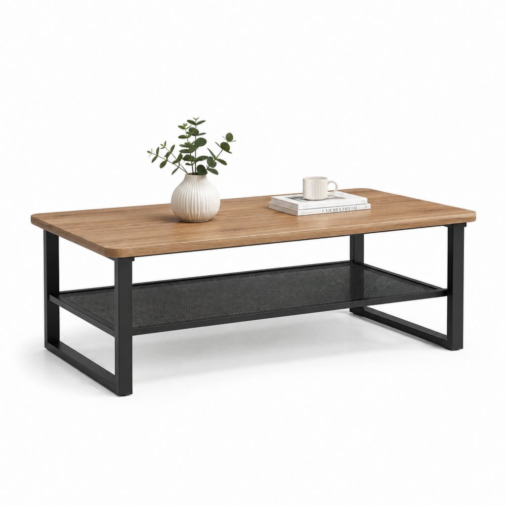 Table basse rectangulaire avec étagère chêne et acier noir 100 x 60 x 45 cm