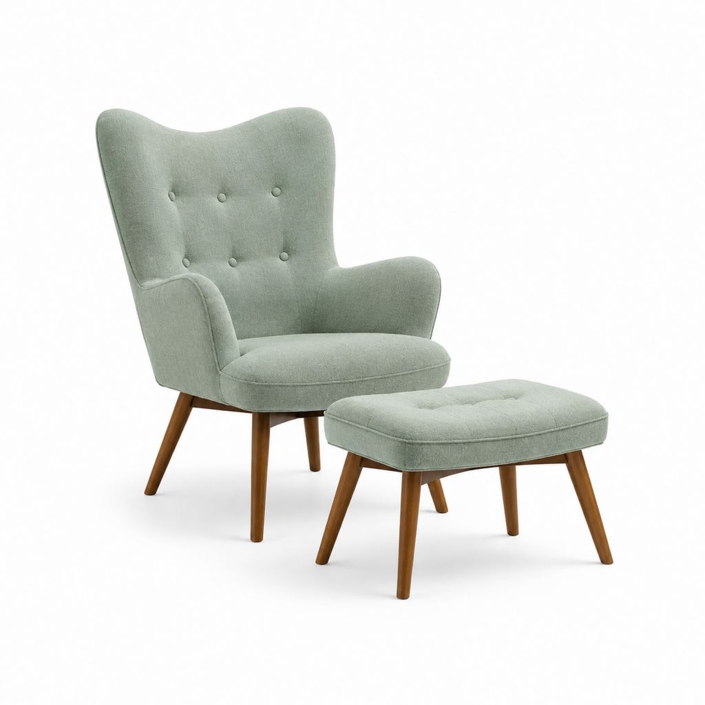 Fauteuil à oreilles avec repose-pieds vert sauge en polyester et bois massif 80 x 78 x 105 cm