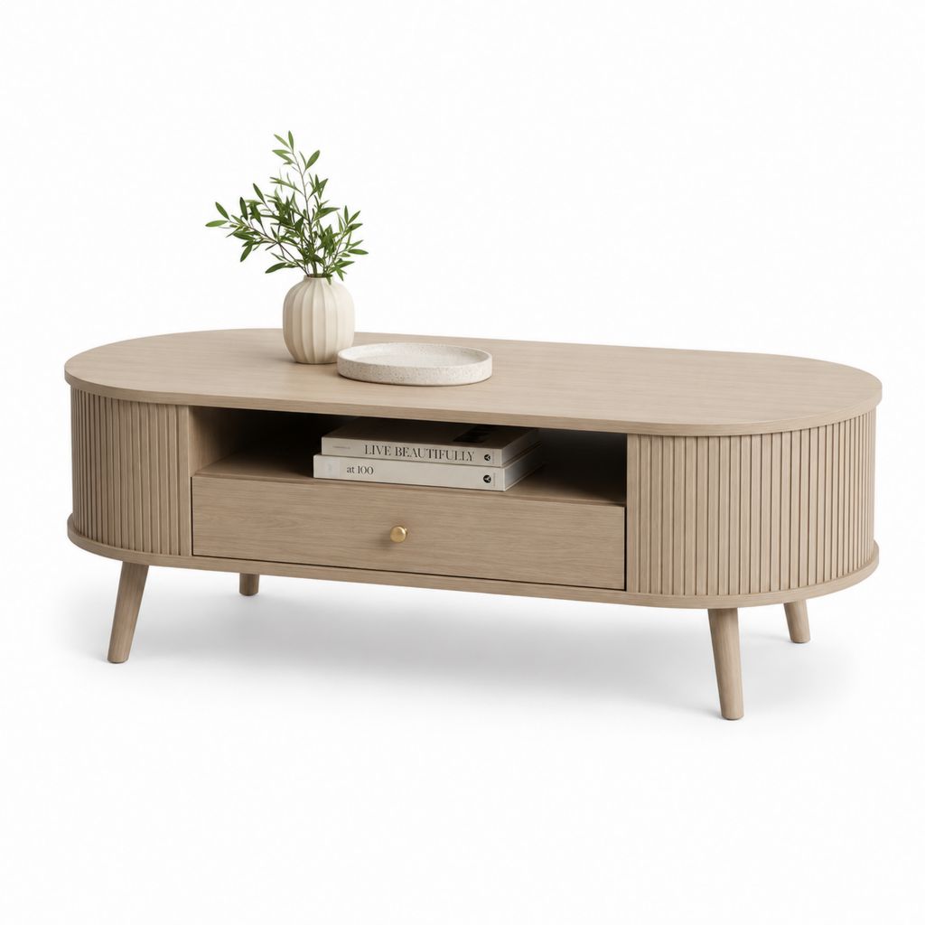 Table basse ovale avec rangement beige en panneaux MDF finition chêne 120 x 60 x 45 cm