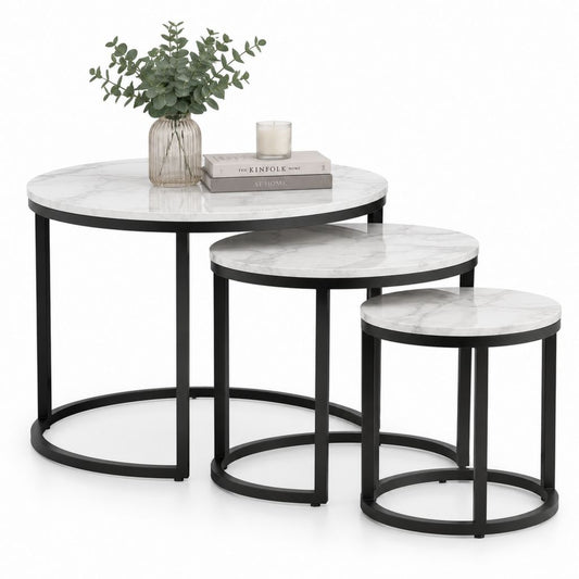 Ensemble de 3 tables basses gigognes rondes blanc effet marbre et acier noir Ø 80 60 40 cm