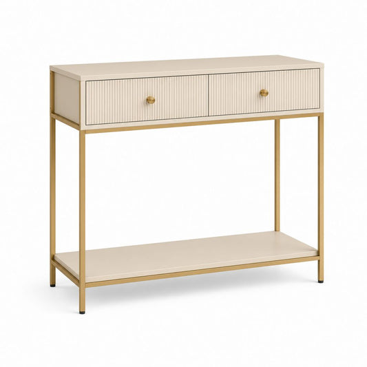 Console d'entrée 2 tiroirs beige et doré en MDF et acier 100 x 35 x 80 cm
