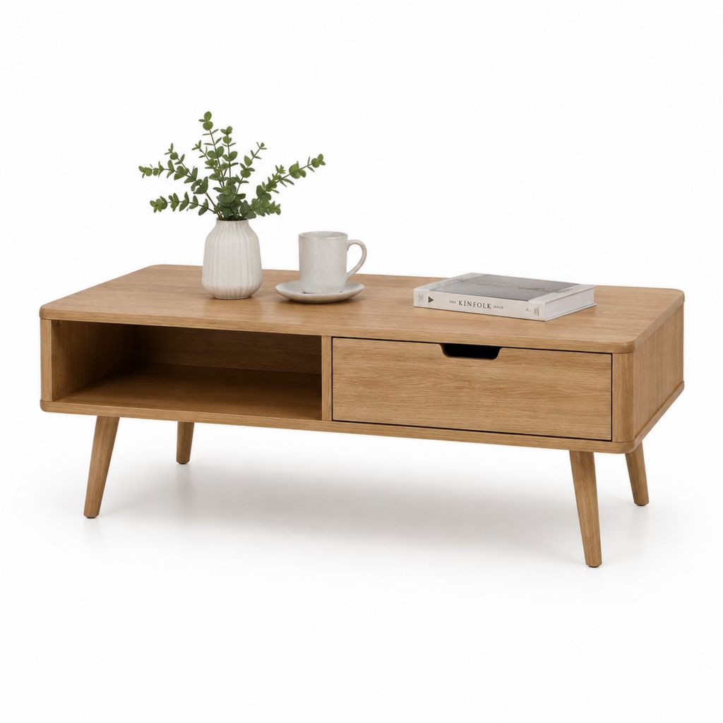 Table basse rectangulaire chêne MDF plaqué avec tiroir et niche 100 x 50 x 45 cm