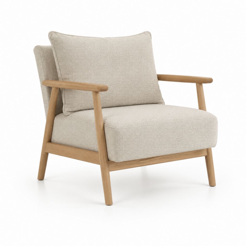 Fauteuil de salon beige en polyester avec structure en bois massif de chêne 72 x 80 x 83 cm