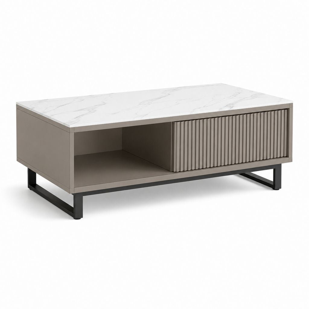 Table basse rectangulaire avec rangement gris effet marbre en MDF et acier 120 x 60 x 40 cm