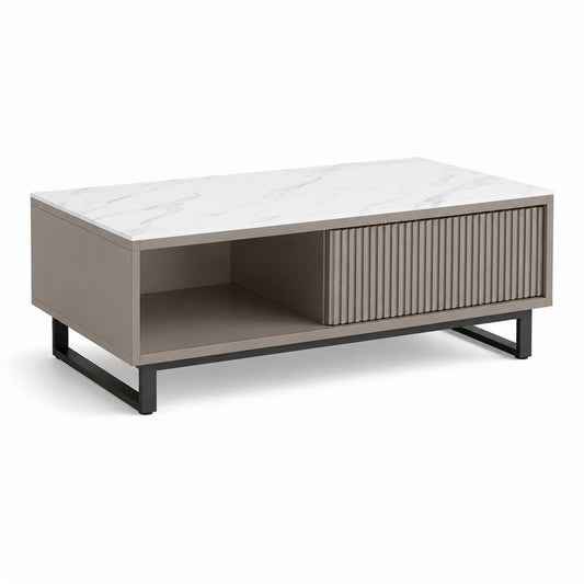 Table basse rectangulaire avec rangement gris effet marbre en MDF et acier 120 x 60 x 40 cm