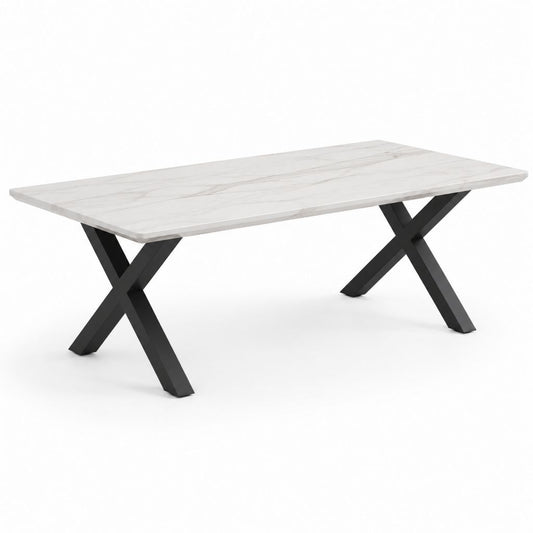Table à manger rectangulaire blanche effet marbre avec pieds en acier noir 180 x 90 x 75 cm