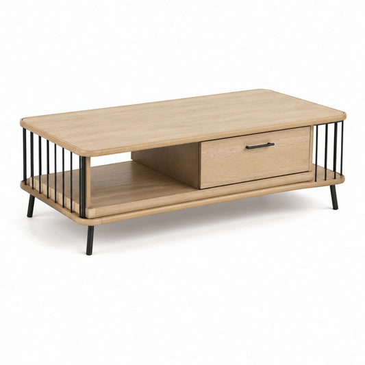 Table basse rectangulaire avec tiroir chêne clair et acier noir 120 x 60 x 45 cm