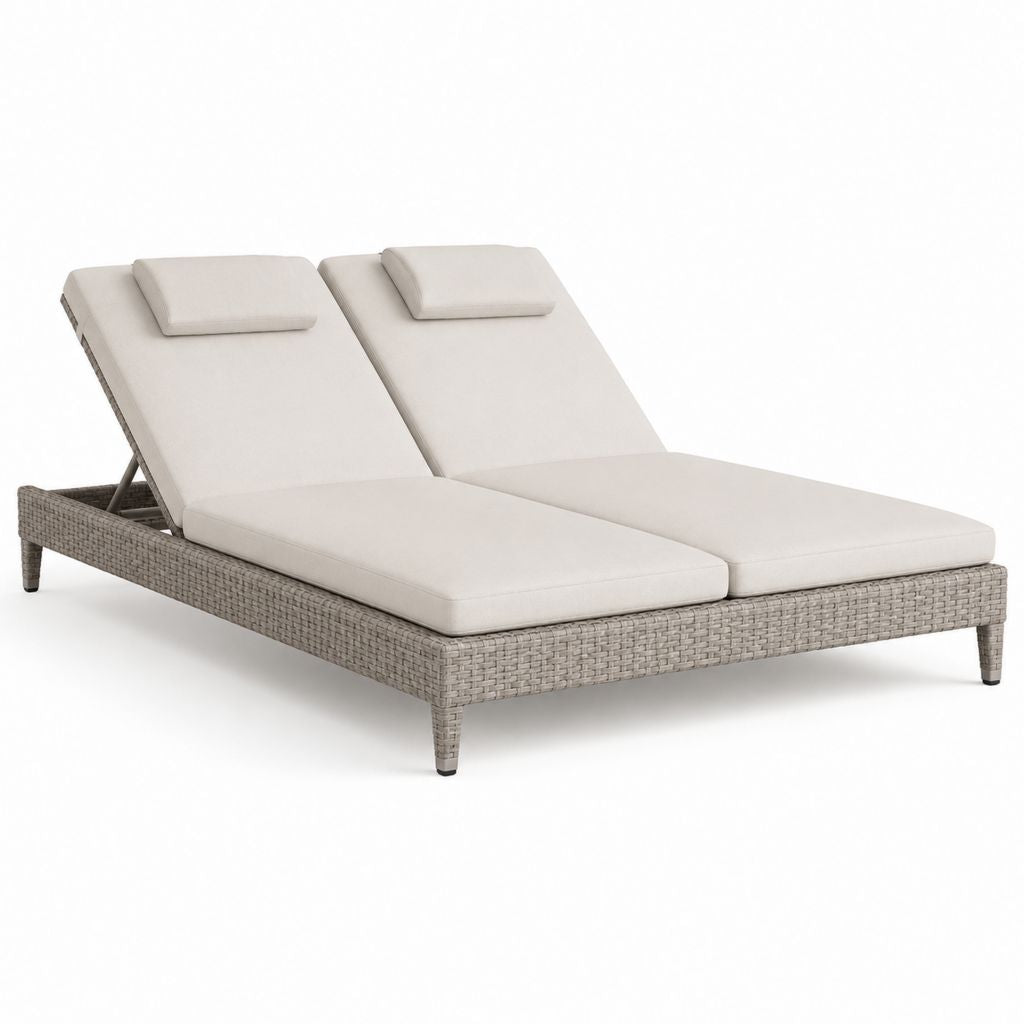 Bain de soleil double inclinable gris en résine tressée PE avec coussins 200 x 140 x 85 cm