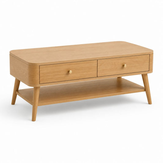 Table basse rectangulaire en chêne clair avec 2 tiroirs et étagère 110 x 60 x 45 cm