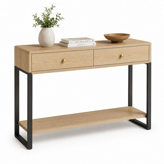 Console d'entrée avec 2 tiroirs chêne clair et noir en MDF plaqué chêne et acier 120 x 35 x 80 cm