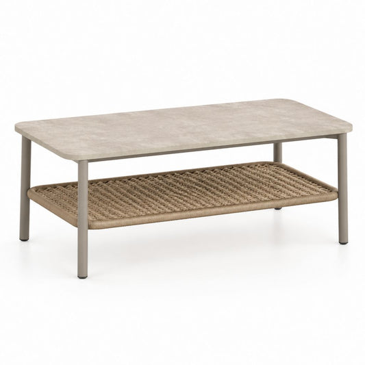 Table basse rectangulaire beige en panneau MDF acier et résine tressée 100 x 60 x 45 cm