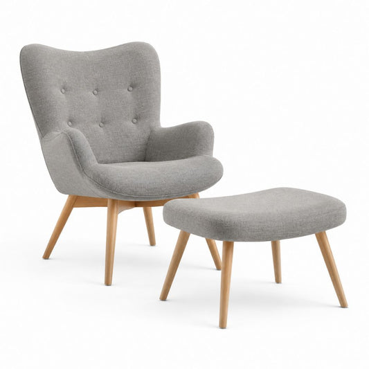 Fauteuil à oreilles avec repose-pieds gris en polyester pieds en bois massif 76 x 70 x 101 cm
