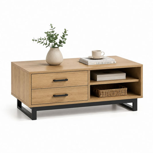 Table basse avec rangement chêne et acier noir rectangulaire 110 x 60 x 45 cm