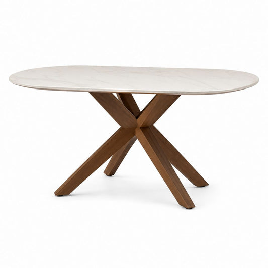 Table à manger ovale blanche effet marbre en céramique et placage noyer 200 x 100 x 76 cm
