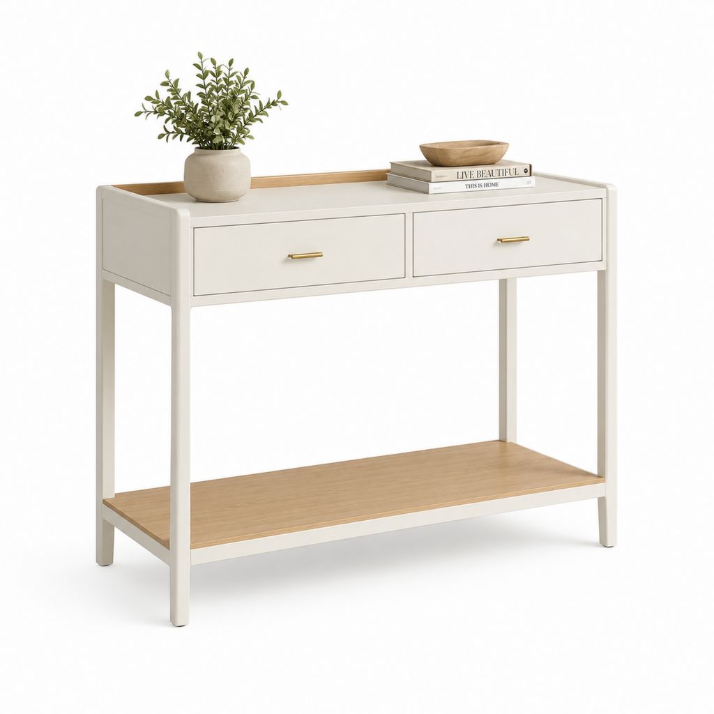 Console d'entrée blanche et chêne clair en MDF avec 2 tiroirs et étagère 100 x 35 x 85 cm